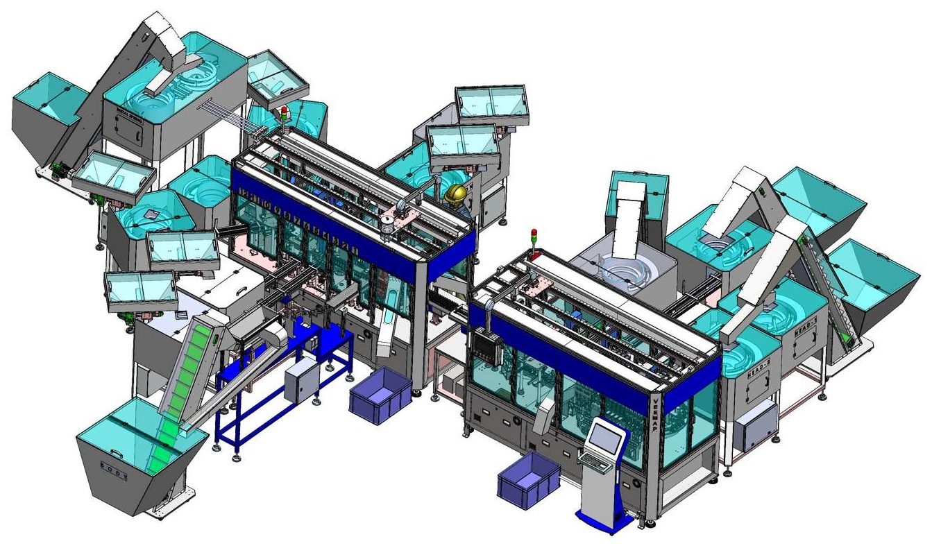 VEEMAP dispensing-pump assembly line — multi-station feeding, joining, testing and transfer